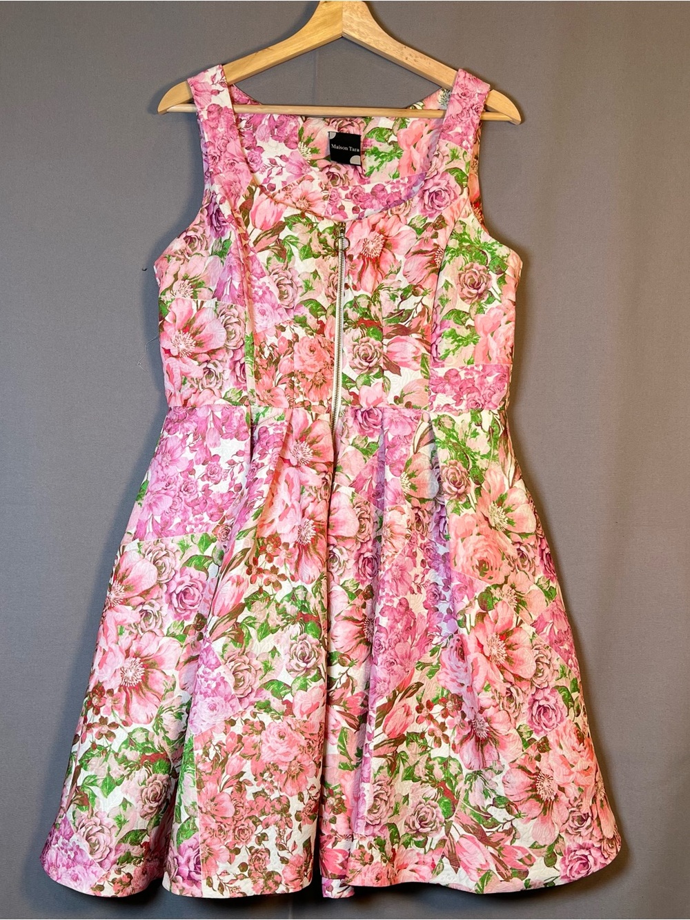Maison Tara Womens’s sz12 Floral Pink Fit-and-Flare Front Zip Dress with pockets